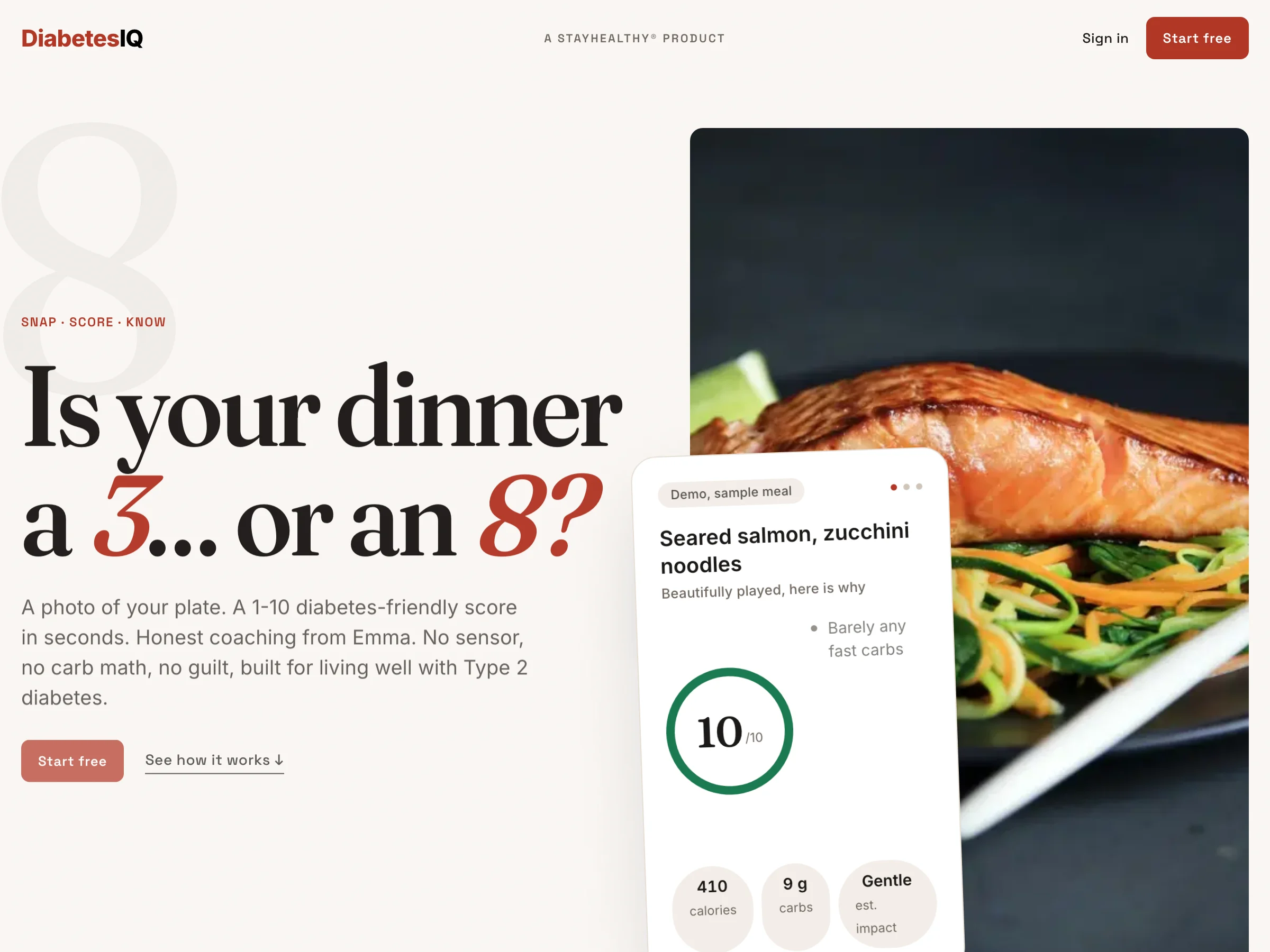 DiabetesIQ home page: snap a photo of your plate and get a 1 to 10 diabetes-friendly score