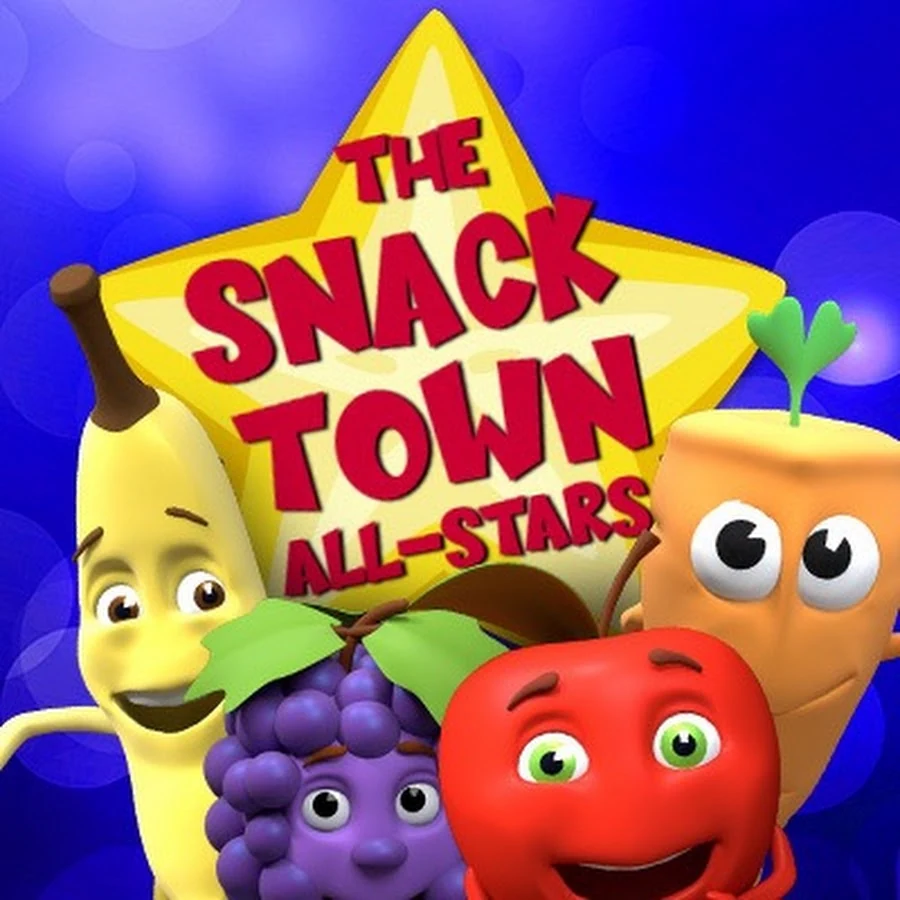 The Snack Town All-Stars: Banana, Grape, Apple, and Carrot in front of their star logo